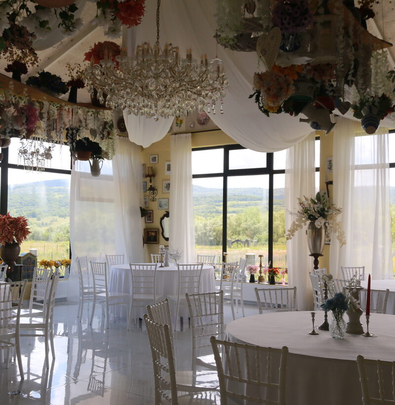 The glass-walled room, a chandelier above and the hills of Tianeti beyond the windows