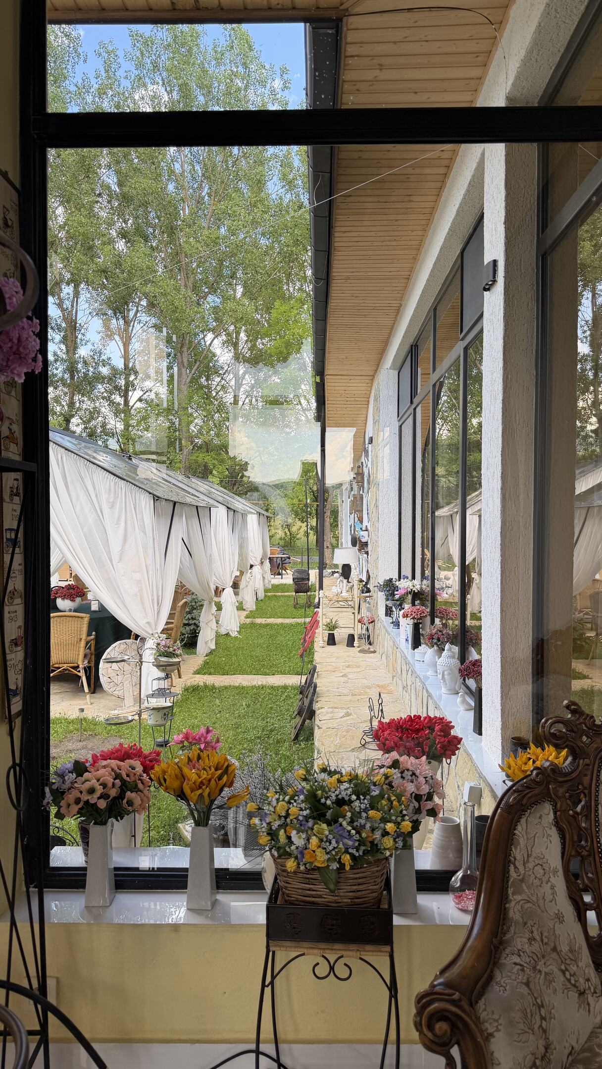 Flowers on the sill of the tall window, the garden tents beyond